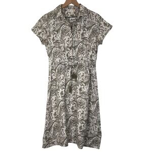 C&C CALIFORNIA Linen Blend Midi Dress Sz M Greige White Tropical Floral Elastic